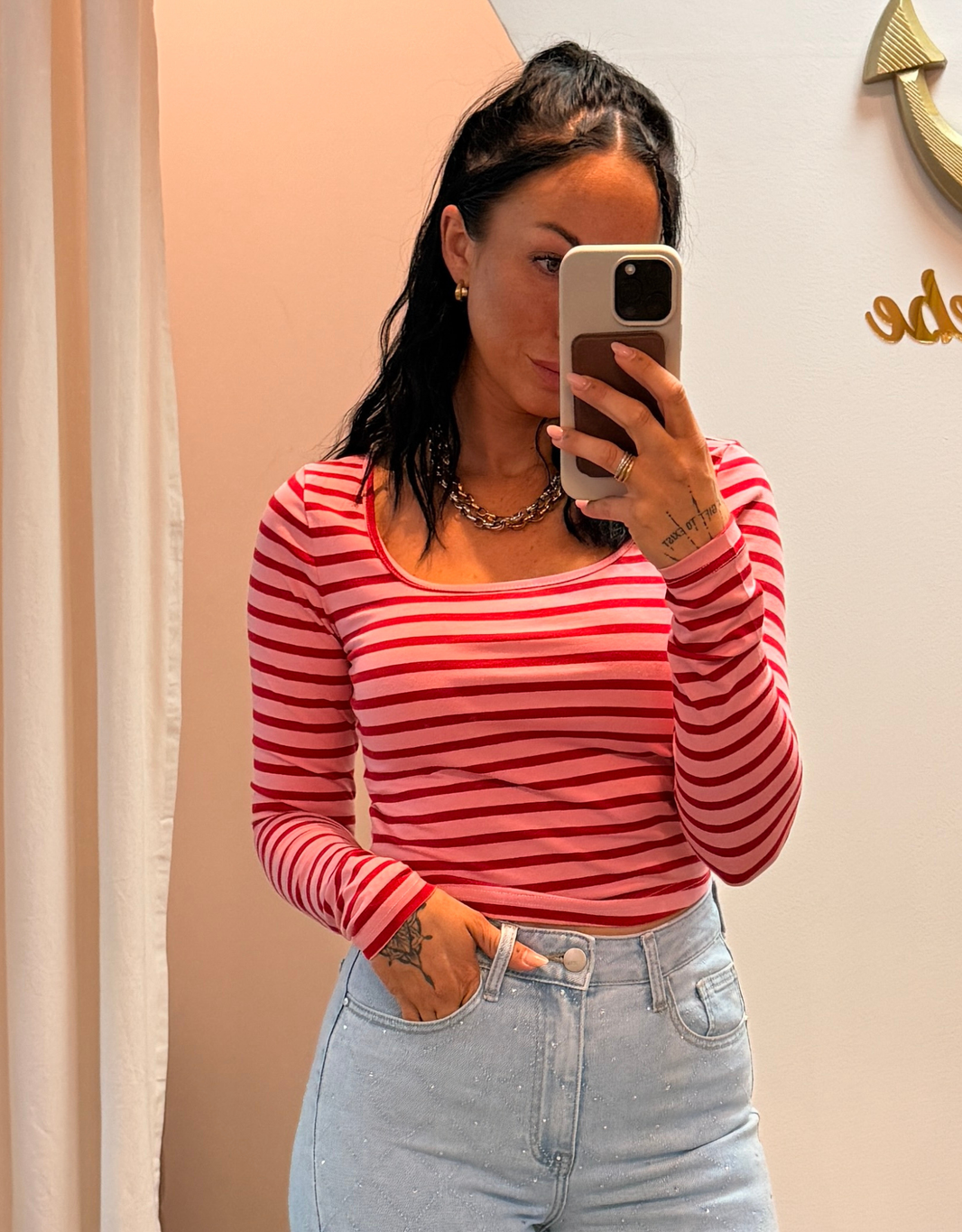 croptop langarm gestreift | rosa/rot