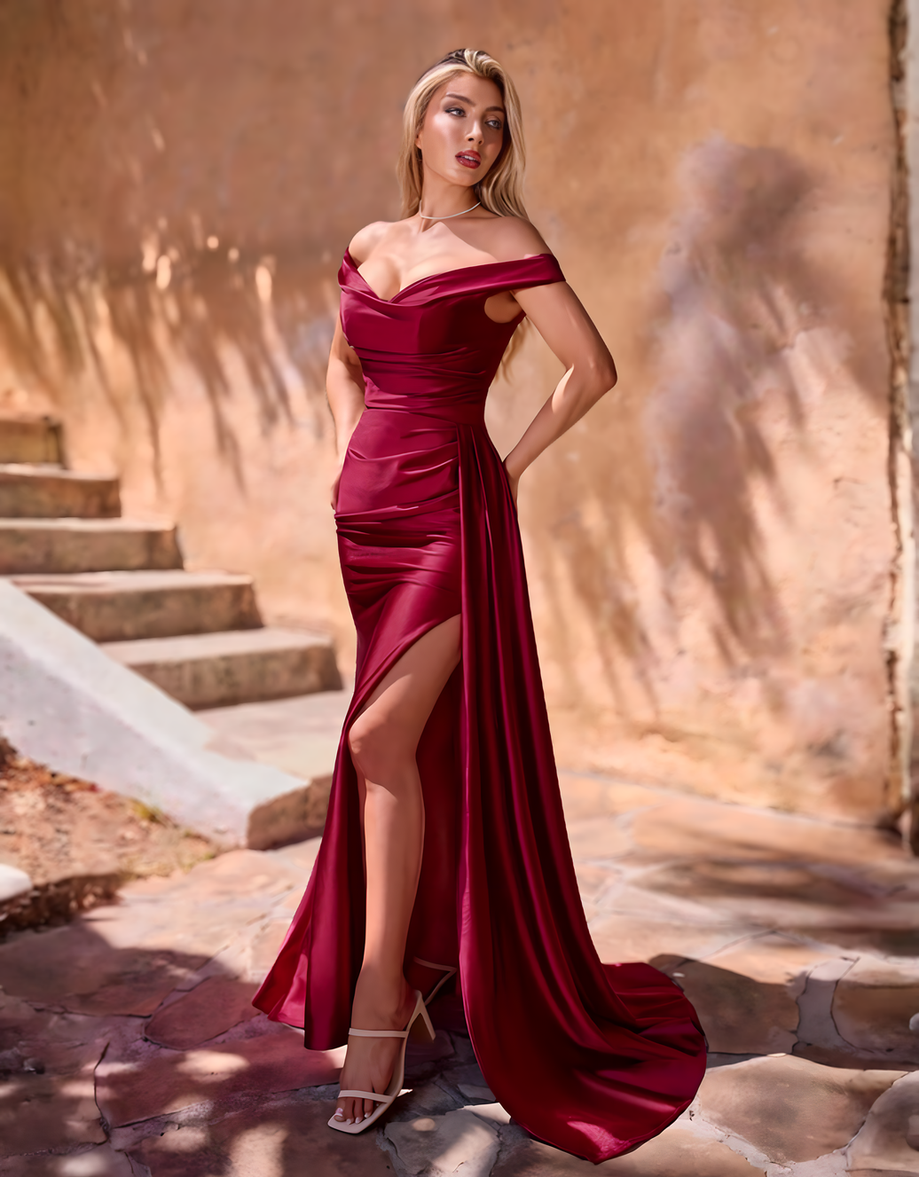Glänzendes, figurbetontes Off-Shoulder-Abendkleid mit Rückenschnürung & Beinschlitz | Burgund