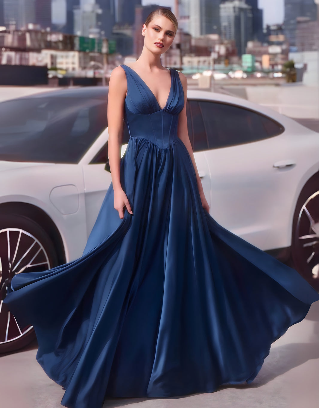 image Elegantes A-Linien-Abendkleid mit Corsage, Rückenschnürung & Seitentaschen | Marineblau