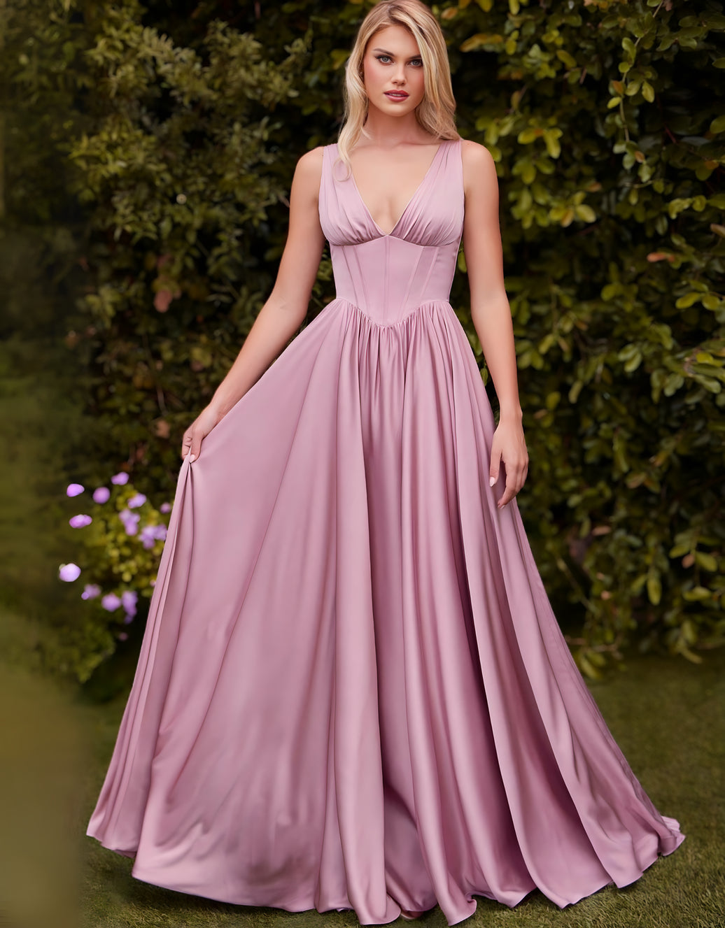 Elegantes A-Linien-Abendkleid mit Corsage, Rückenschnürung & Seitentaschen | Mauve