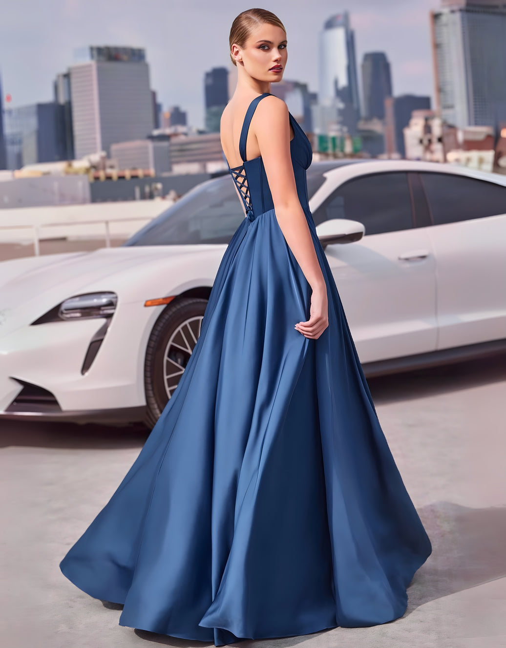 Elegantes A-Linien-Abendkleid mit Corsage, Rückenschnürung & Seitentaschen | Marineblau