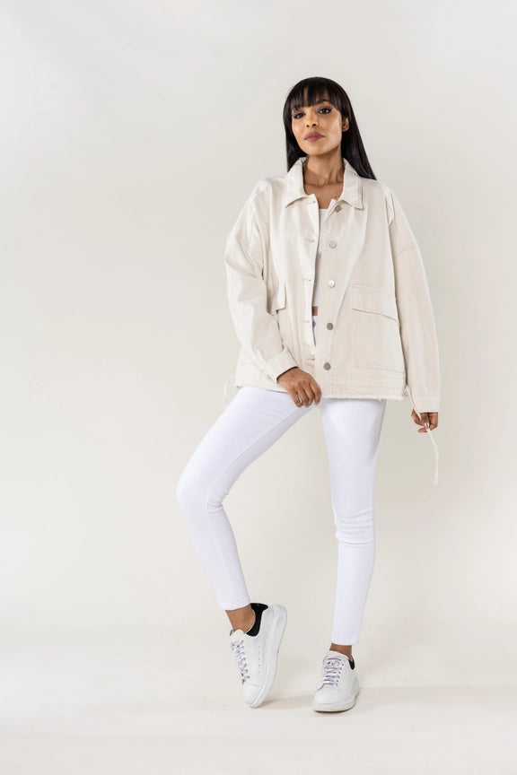 jeansjacke oversized mit kordelzug | creme
