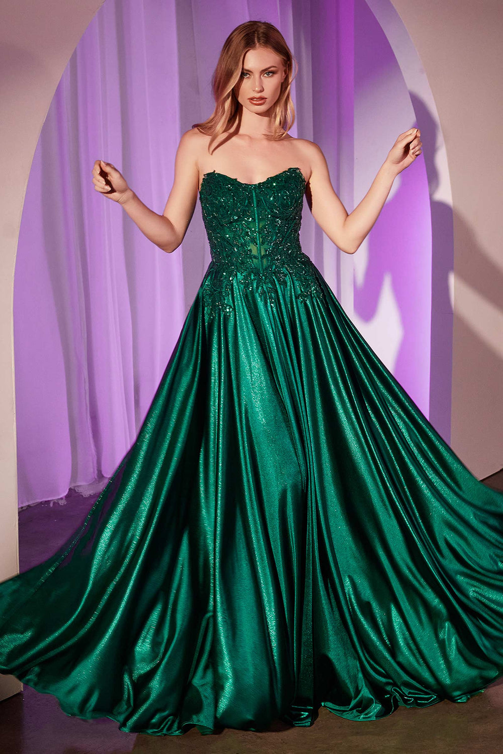 Schulterfreies Spitzen- und Satin-A-Linien-Kleid / Burgund