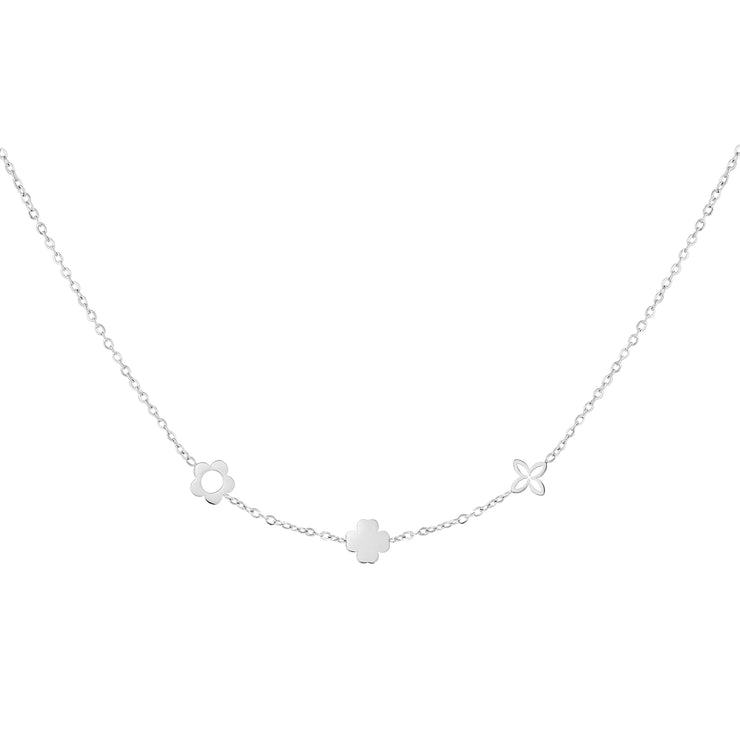 Silberne Halskette Lucky Lou mit drei Blumen-Elementen – aus Edelstahl, schlicht und elegant für den täglichen Look.