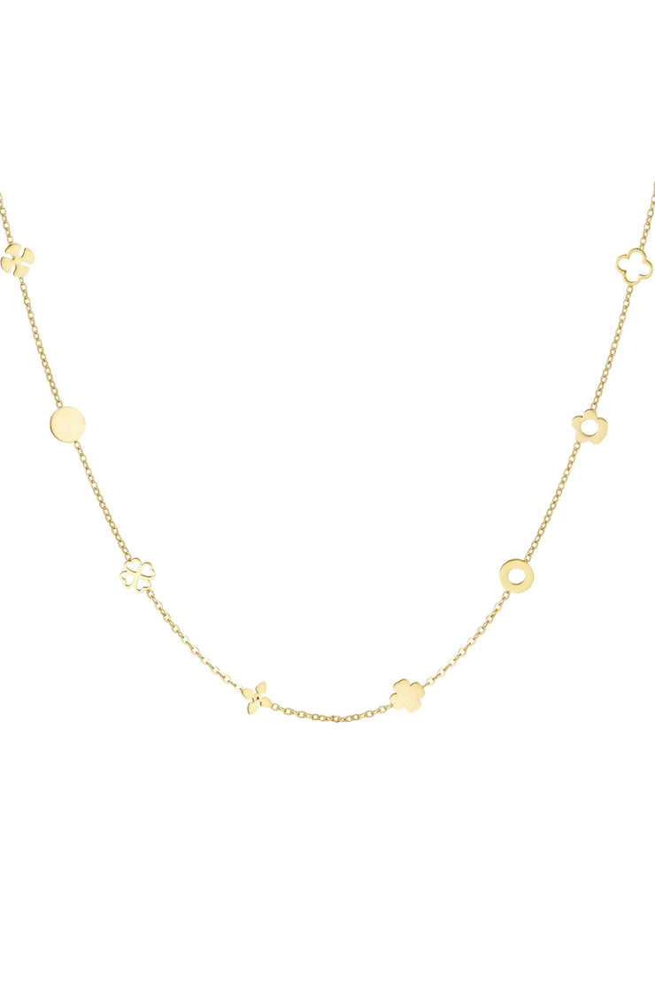 Goldene Edelstahlhalskette mit floralen und grafischen Symbolanhängern – verspielt, leicht & wasserfest.