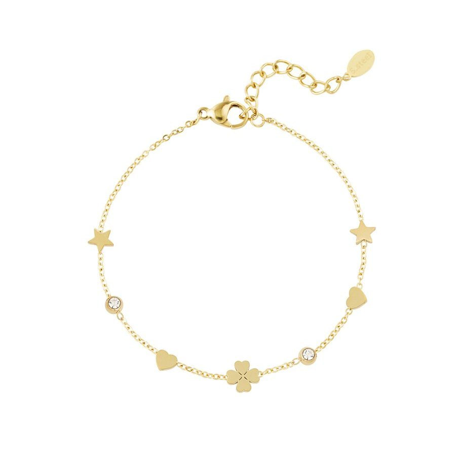 Goldenes Ella Lou Armband aus Edelstahl mit Herz-, Stern- und Kleeblattanhängern