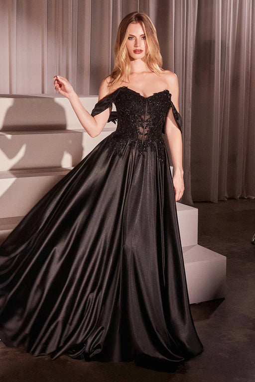 Schulterfreies Spitzen- und Satin-A-Linien-Kleid | Schwarz