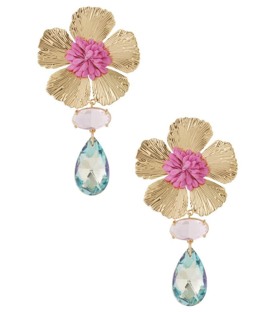 Statement-Ohrhänger in Gold mit pinker Blütenmitte & blauem Glasstein – Modell Fleuria Blue