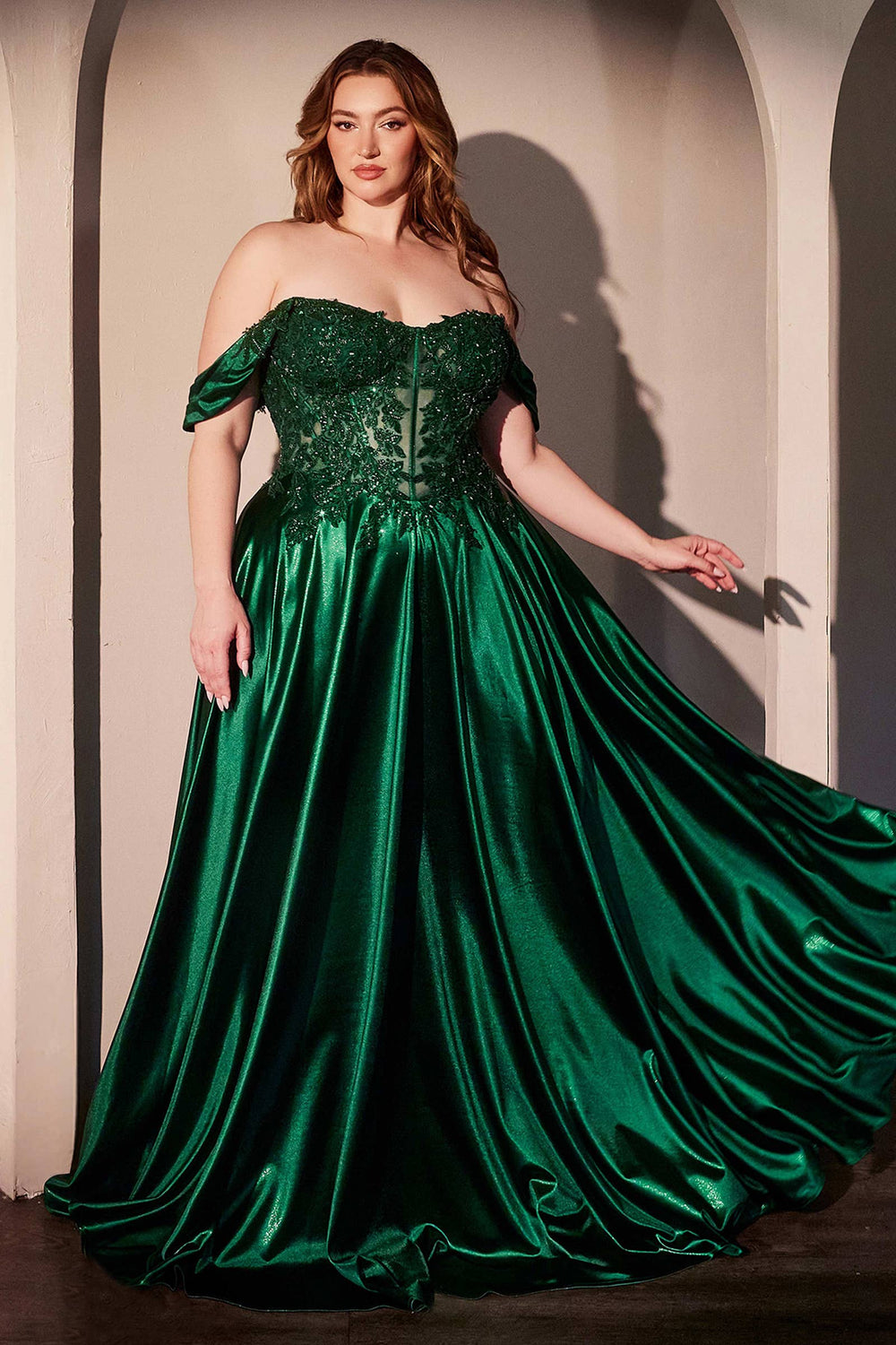 Schulterfreies Spitzen- und Satin-A-Linien-Kleid | Smaragd