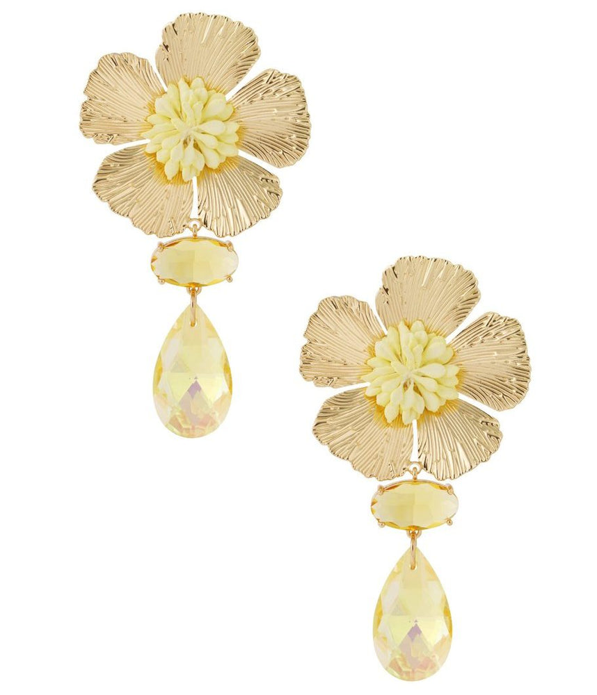 Goldene Blumen-Ohrringe mit gelbem Zentrum und gelbem Glasanhänger – Modell Fleuria Yellow