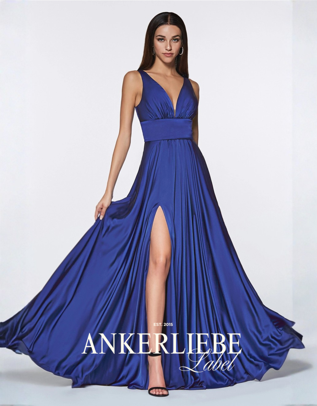glänzendes abendkleid in a-linie mit v-ausschnitt & beinschlitz | königsblau