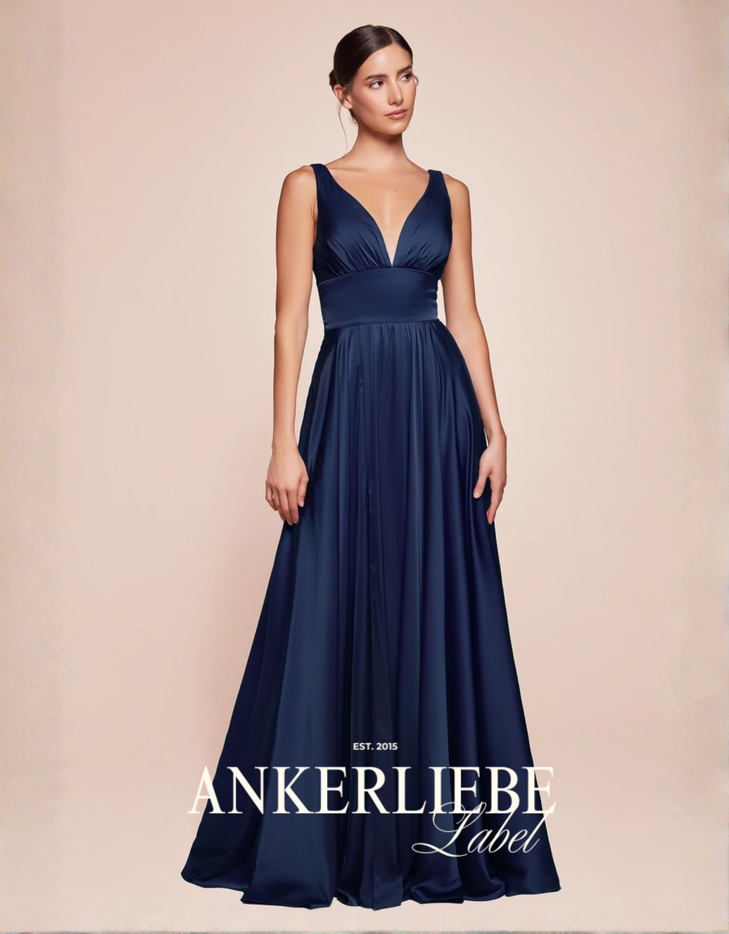 glänzendes abendkleid in a-linie mit v-ausschnitt & beinschlitz | marineblau