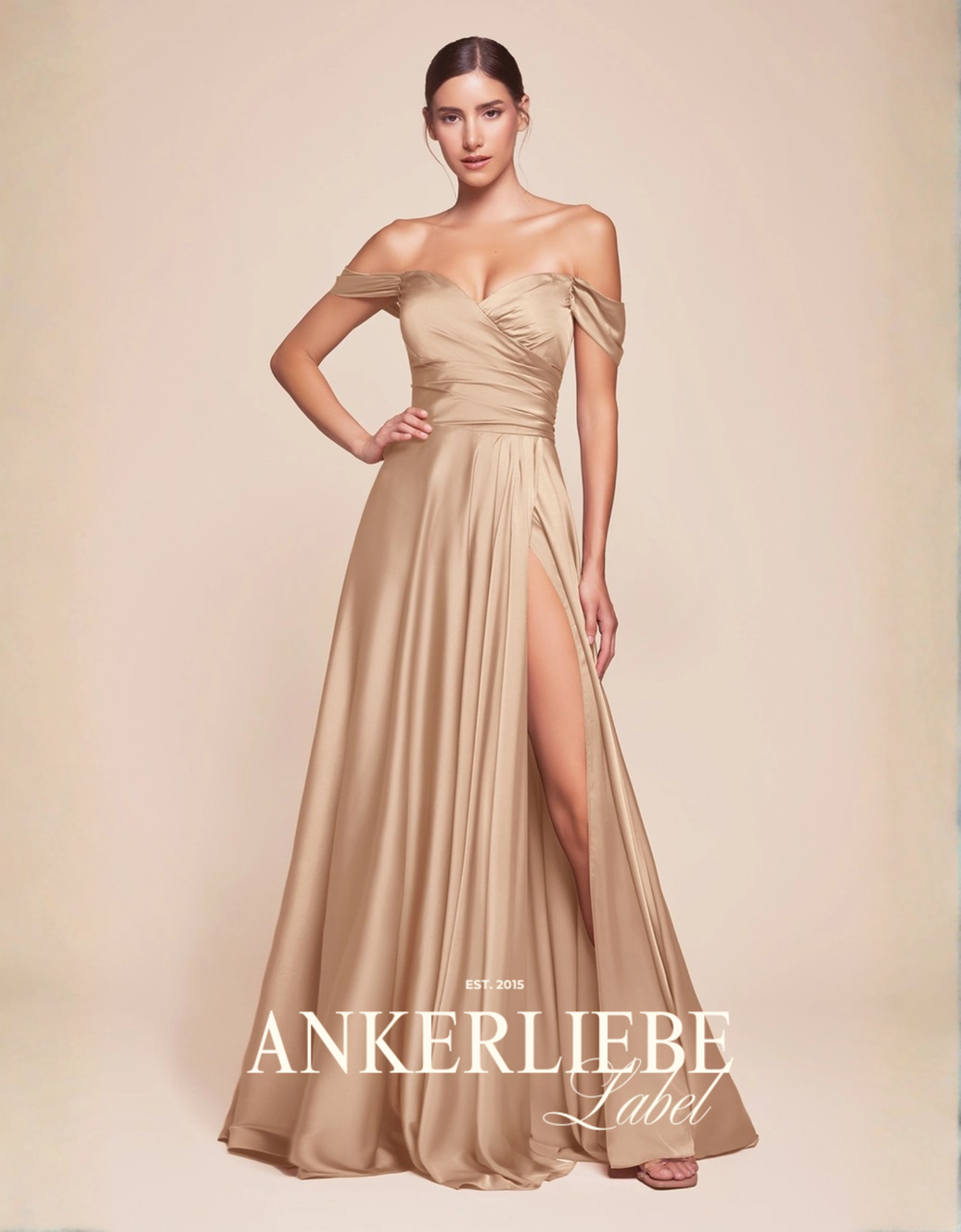 elegantes a-linien-abendkleid mit wickeloptik, herzausschnitt & carmen-trägern | champagner