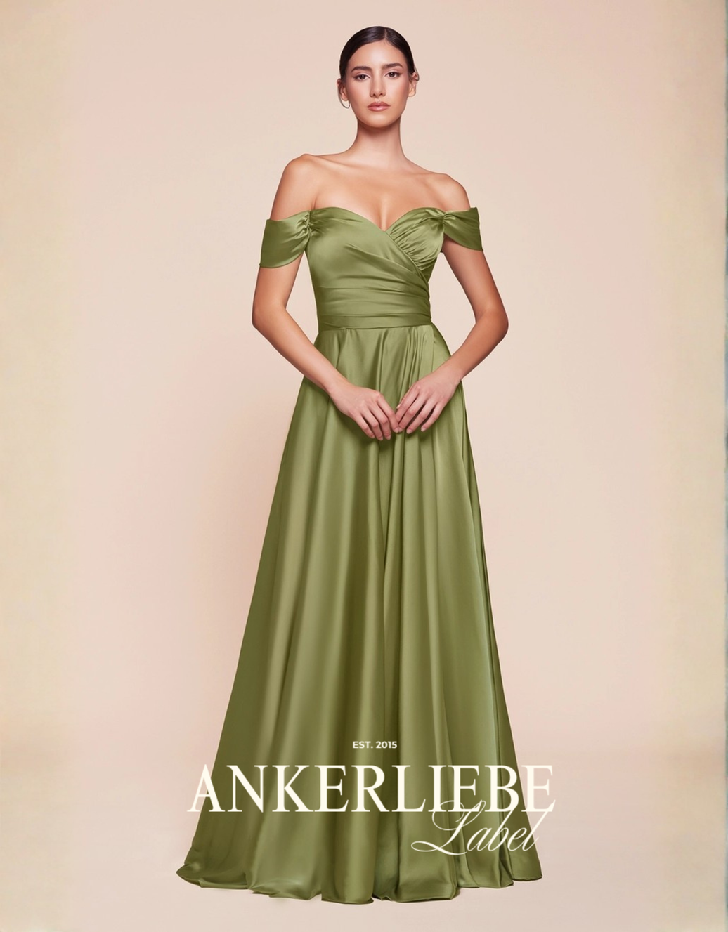 elegantes a-linien-abendkleid mit wickeloptik, herzausschnitt & carmen-trägern | moosgrün