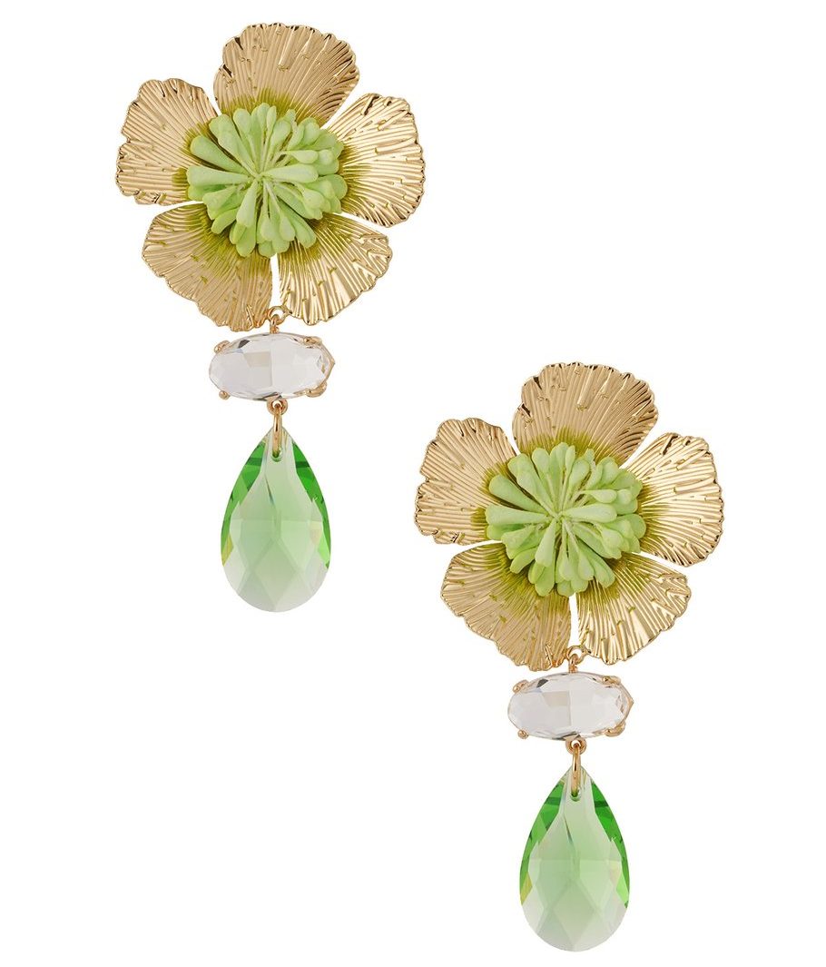 Goldfarbene Ohrringe mit grüner Blüte und grünem Glasstein – Modell Fleuria Green
