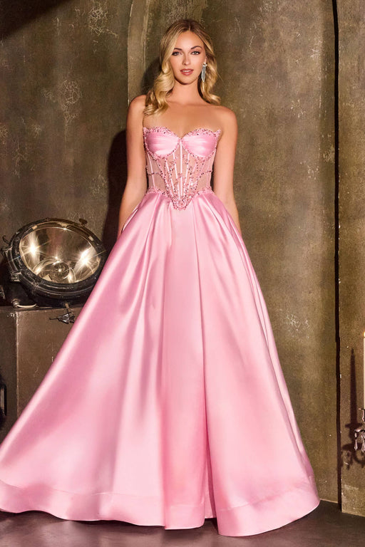 Trägerloses A‑Linien‑Kleid mit perlenbesetztem transparentem Korsett | burgund