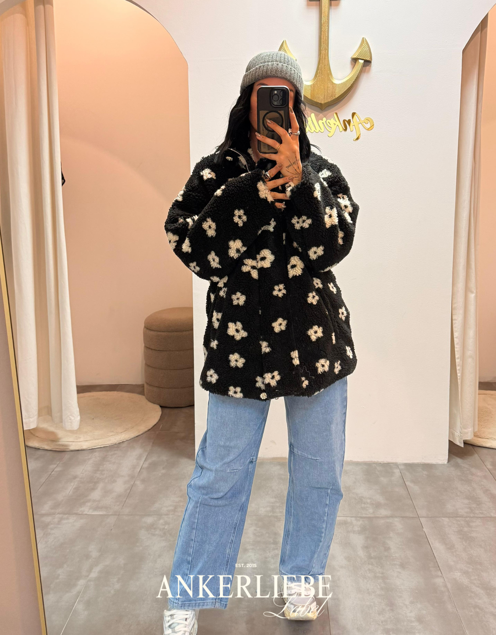 teddy blumenjacke mit zipper | schwarz