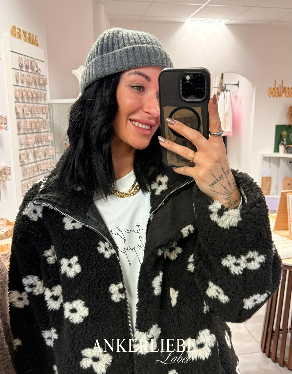 teddy blumenjacke mit zipper | schwarz