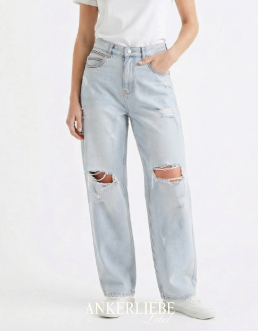high waist ballon jean | soft denim destroyed light blue
