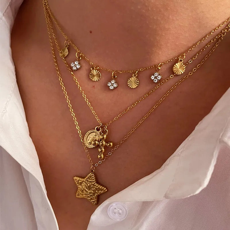 Gro-handel-Schmuck-Einfacher-Stil-Pendeln-Pentagramm-Geometrisch-Edelstahl-316L-Strasssteine-18-Karat-Vergoldet-Inlay-Halskette-Mit-Anh-nger