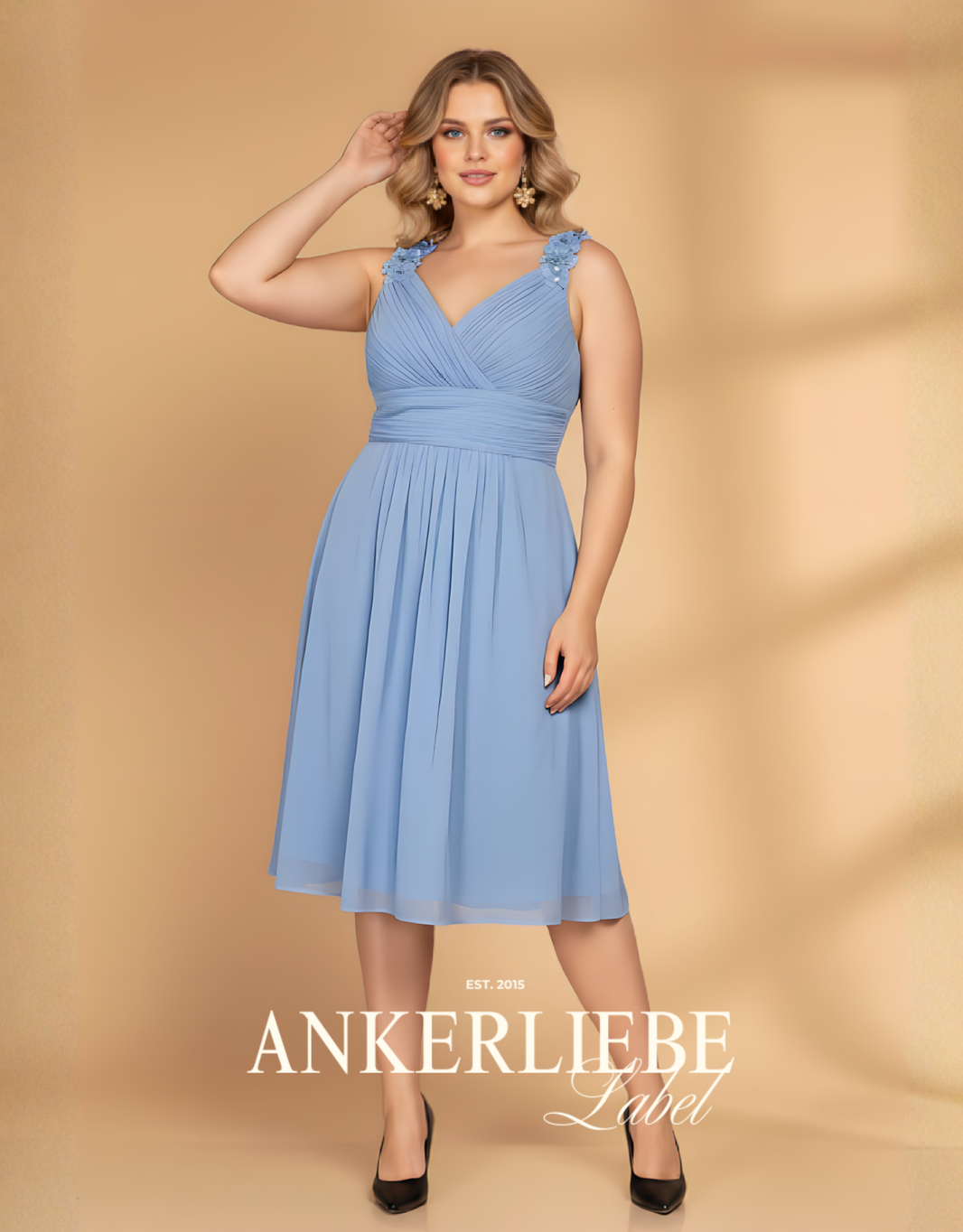 cocktailkleid mit 3d-blumen und fließendem rock | frostblau - QS