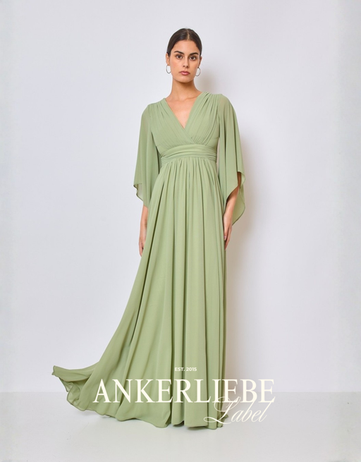fließendes abendkleid mit v-ausschnitt und weiten ärmeln | salbei