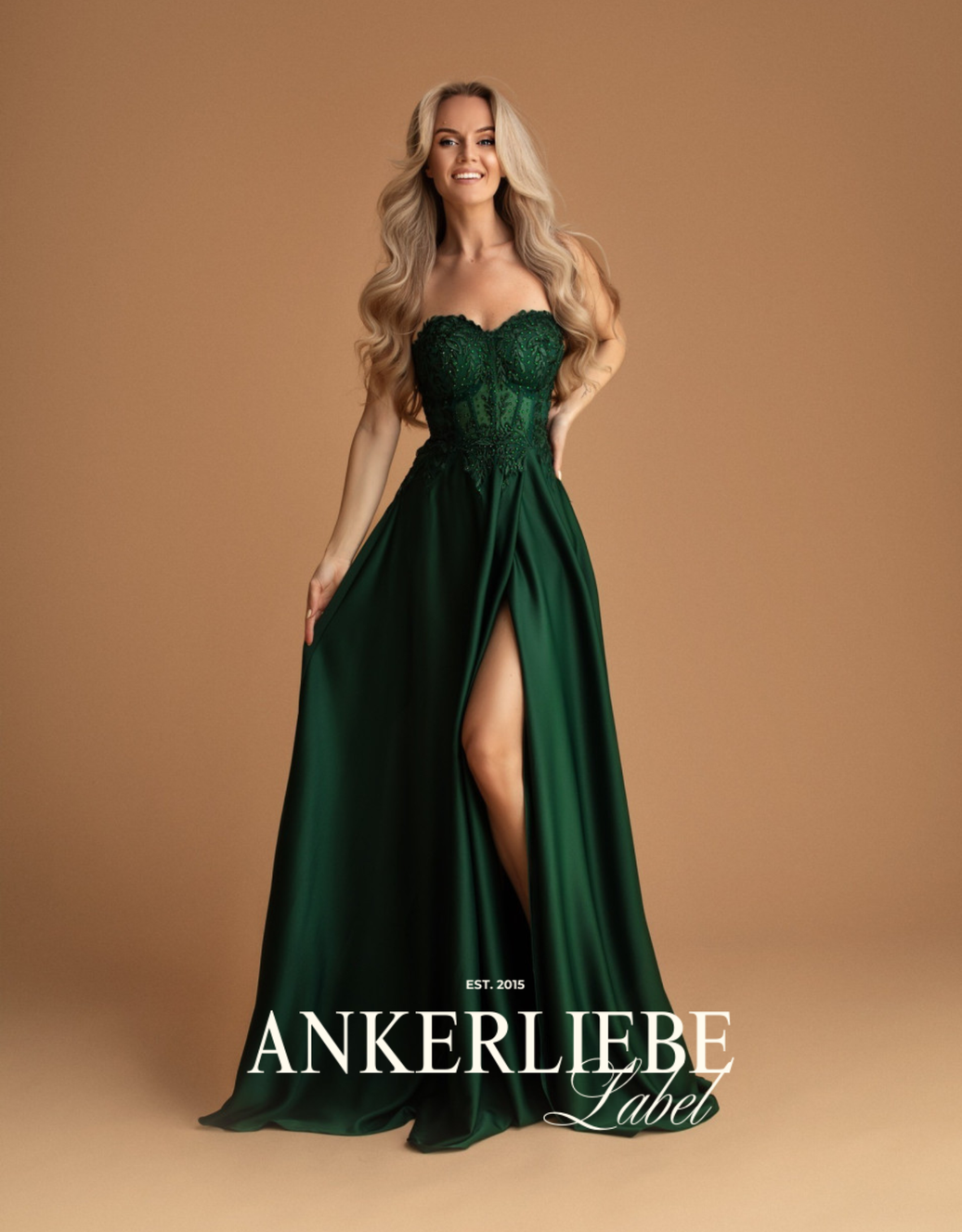 abendkleid mit transparenter corsage, rückenschnürung und beinschlitz | smaragd