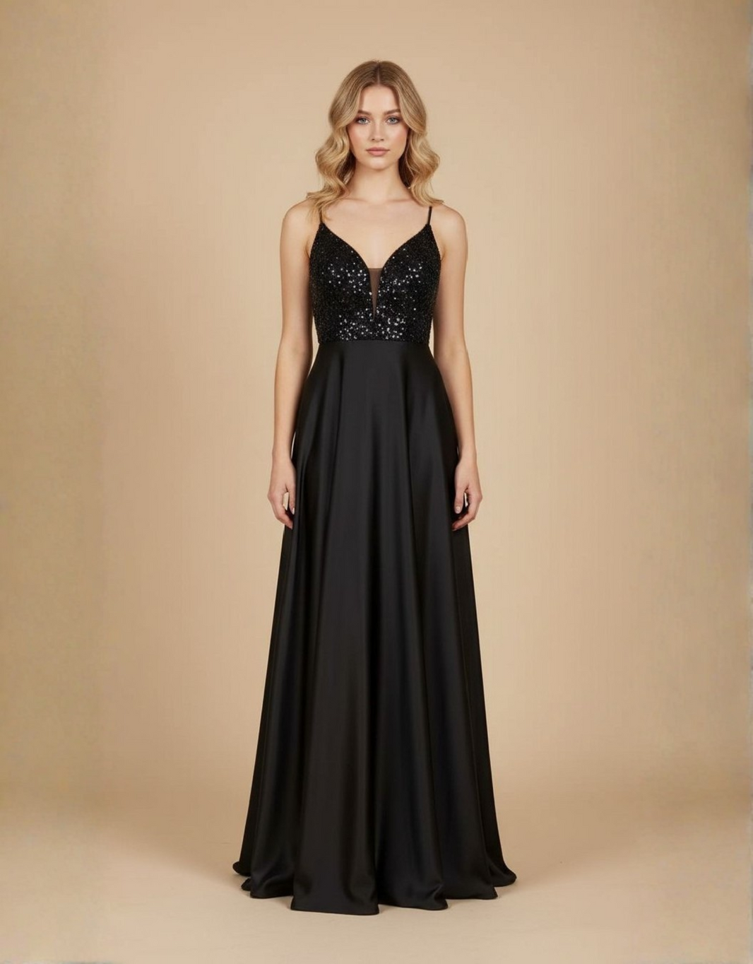 abendkleid mit pailletten-oberteil und tiefem rückenausschnitt | schwarz