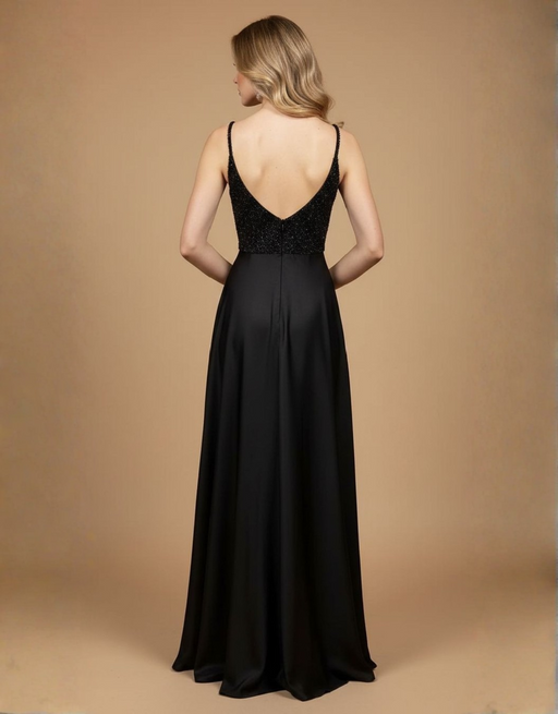 abendkleid mit pailletten-oberteil und tiefem rückenausschnitt | schwarz