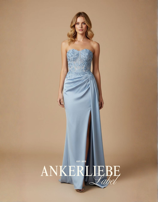 figurbetontes abendkleid mit transparenter corsage und rückenschnürung | eisblau