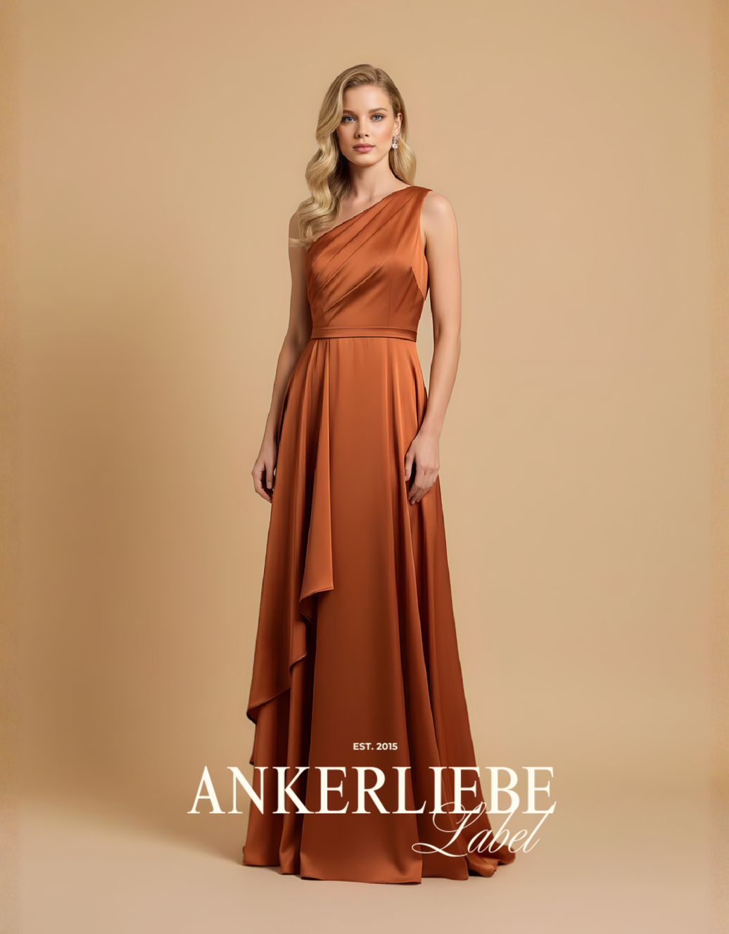 abendkleid mit one-shoulder ausschnitt und fließendem rock | rost