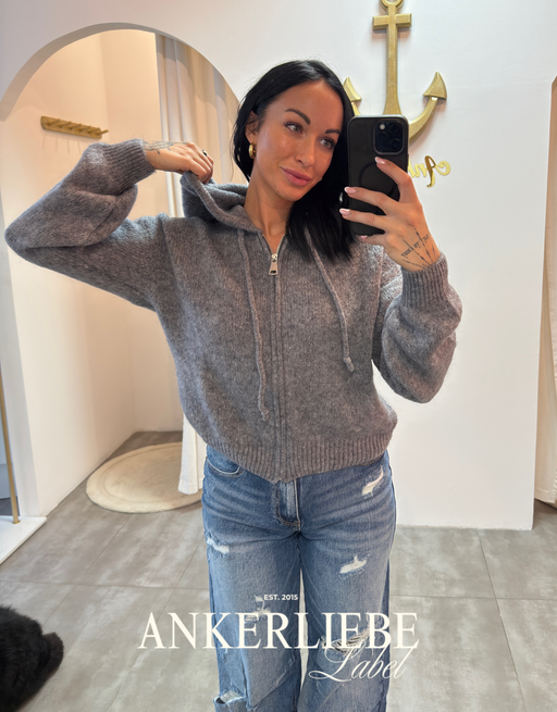 hooded weste mit 30% mohair wolle  | wollweste mit zip - grau