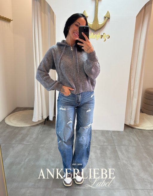 hooded weste mit 30% mohair wolle  | wollweste mit zip - grau