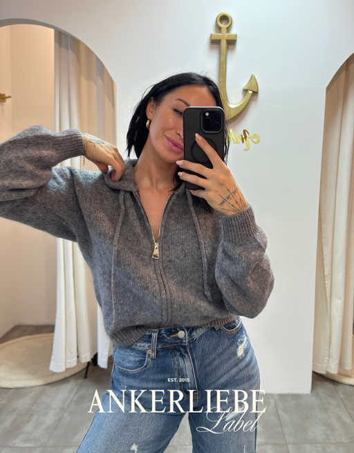 hooded weste mit 30% mohair wolle  | wollweste mit zip - grau