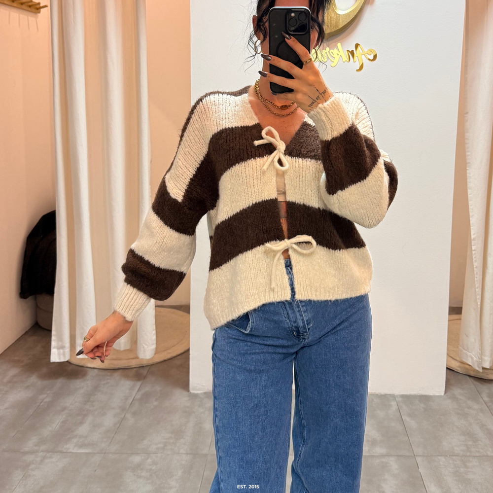 zoey bow | brown striped cardigan