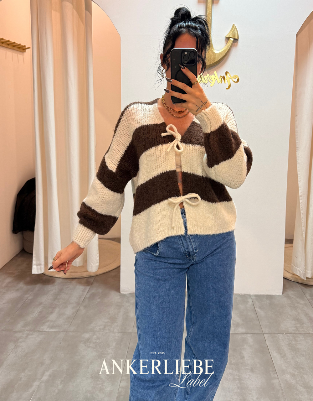 zoey bow | brown striped cardigan