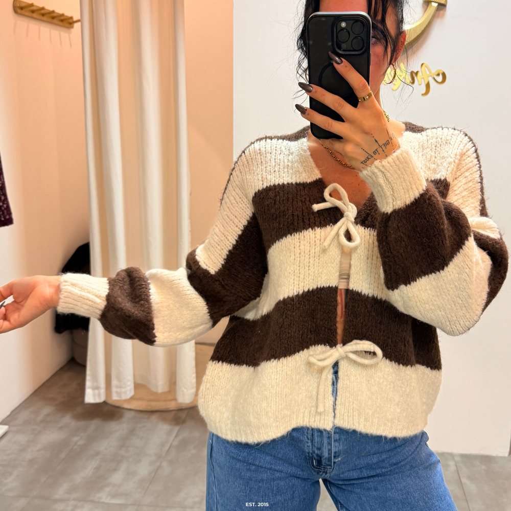 zoey bow | brown striped cardigan