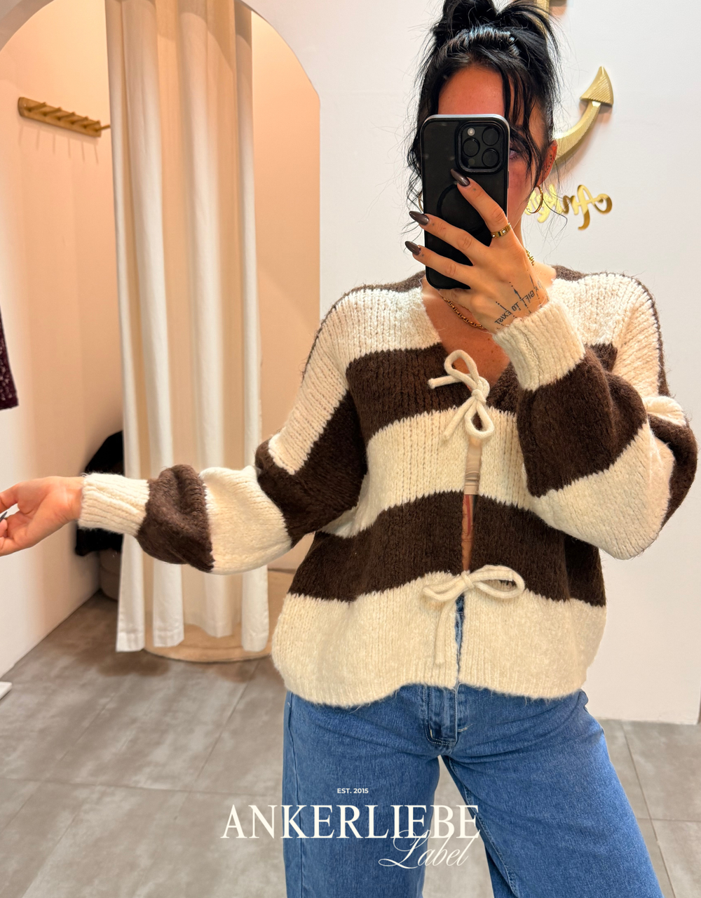 zoey bow | brown striped cardigan