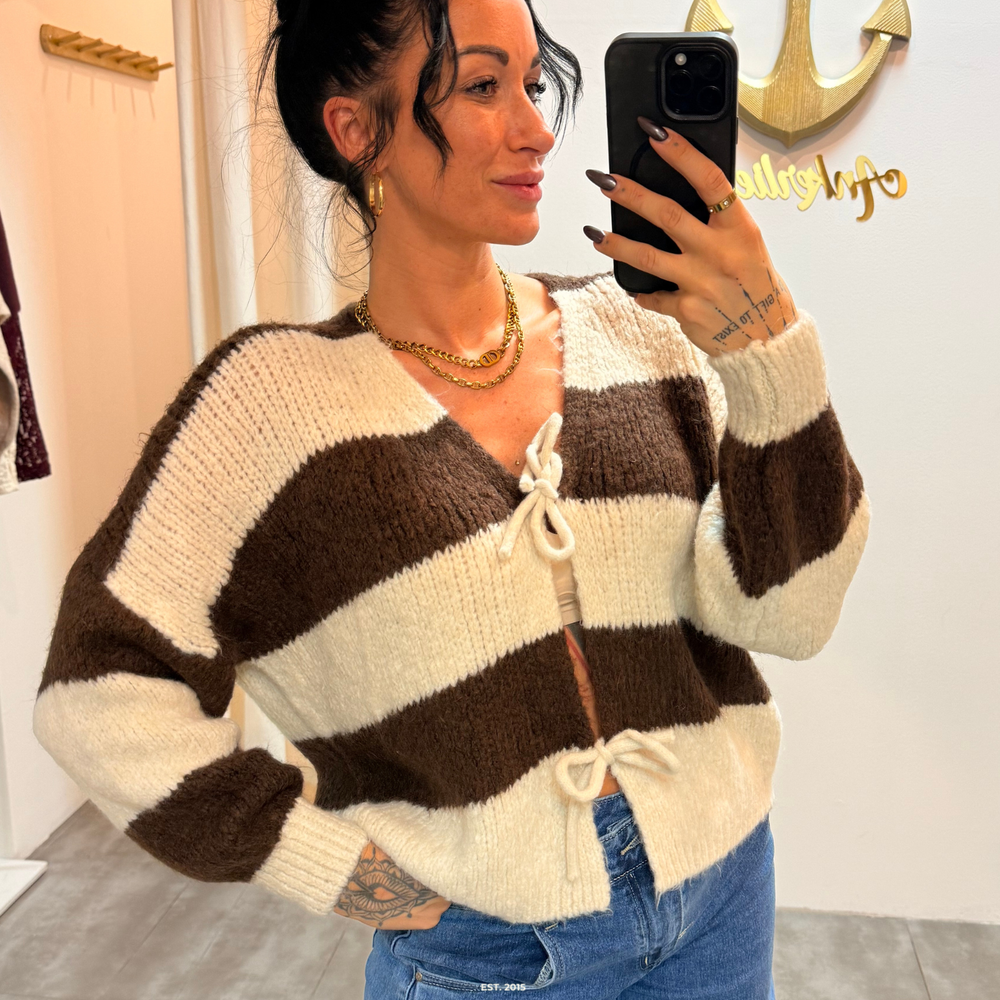 zoey bow | brown striped cardigan