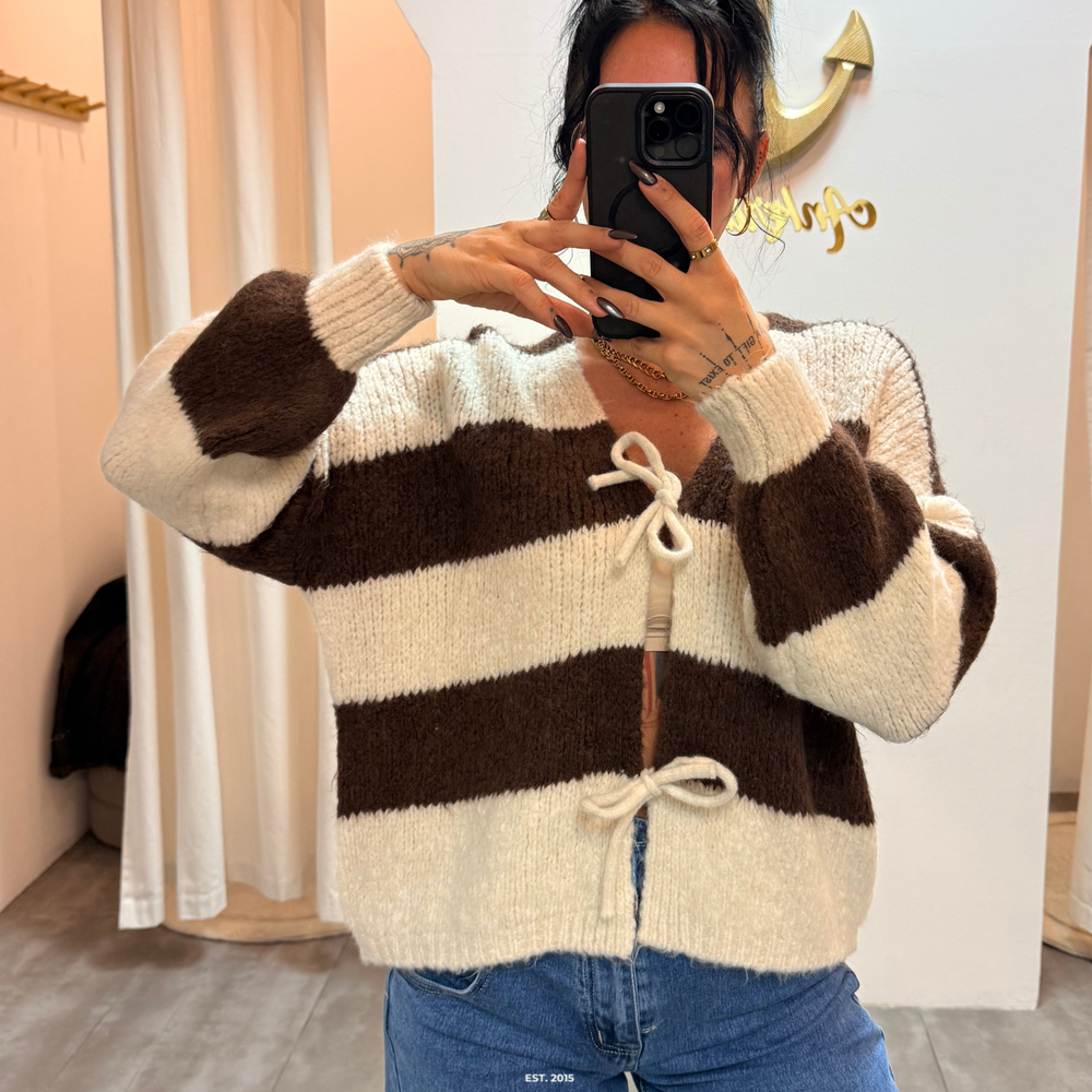 zoey bow | brown striped cardigan