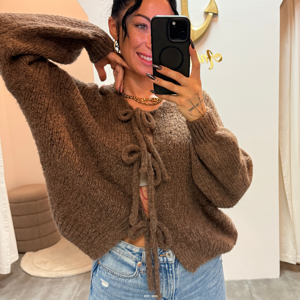 zoey bow | brown cardigan