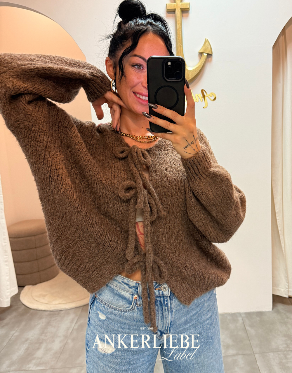zoey bow | brown cardigan