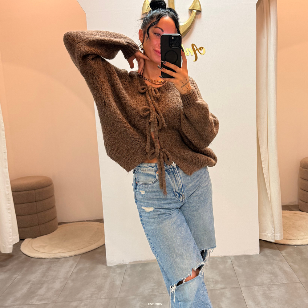 zoey bow | brown cardigan