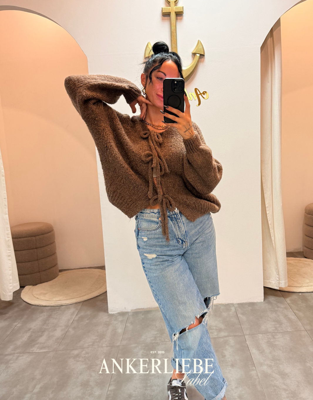 image zoey bow | brown cardigan