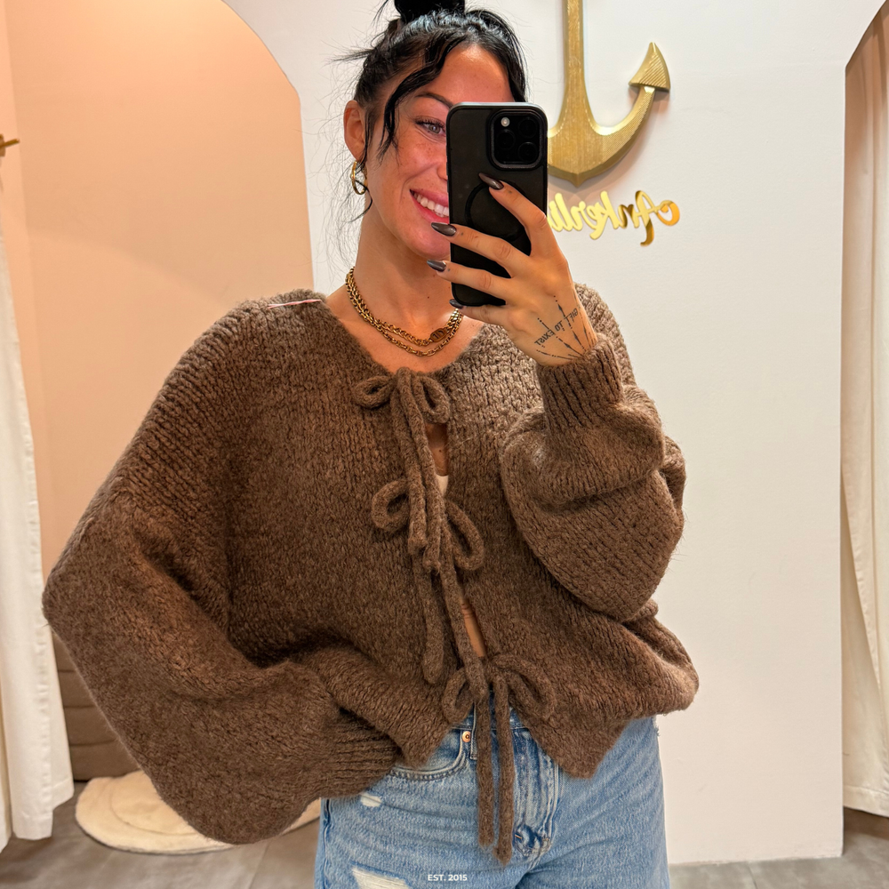 zoey bow | brown cardigan
