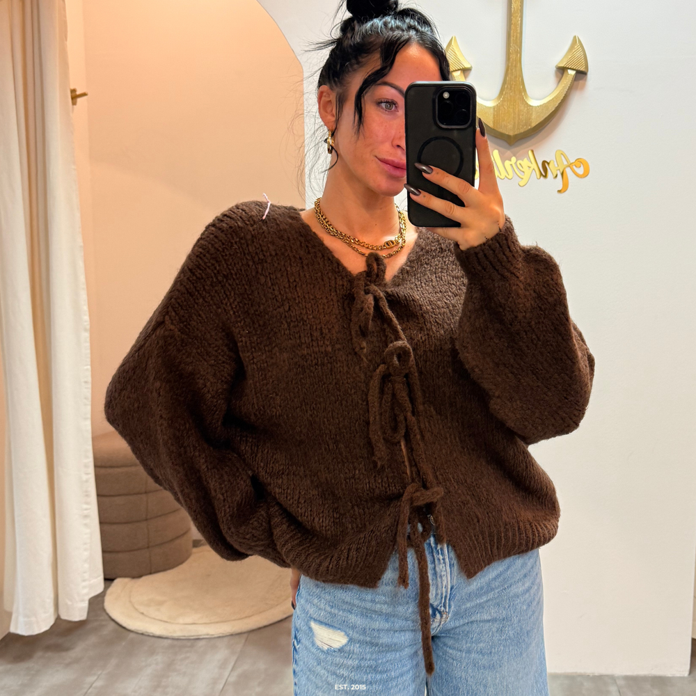 zoey bow | chocolate cardigan