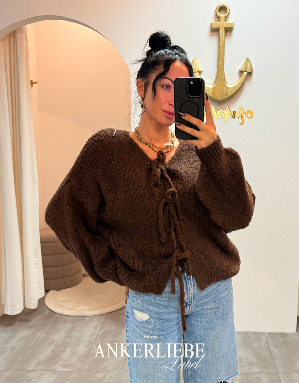 zoey bow | chocolate cardigan