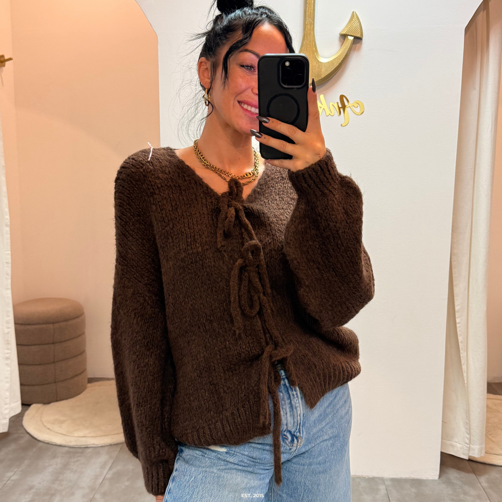 zoey bow | chocolate cardigan