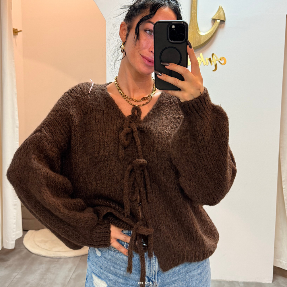 zoey bow | chocolate cardigan