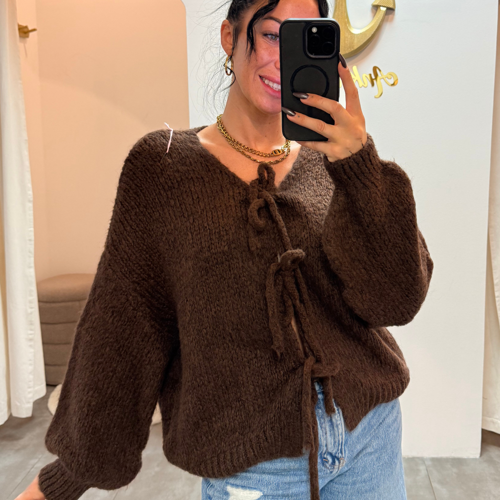 zoey bow | chocolate cardigan